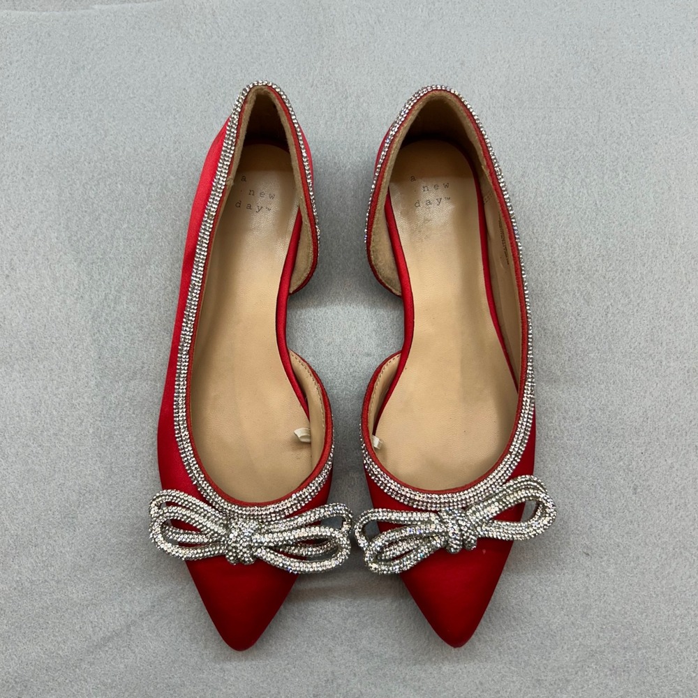 A New Day Red Satin Rhinestone Bow D'Orsay Pointed Toe Flats Size 8 Holiday